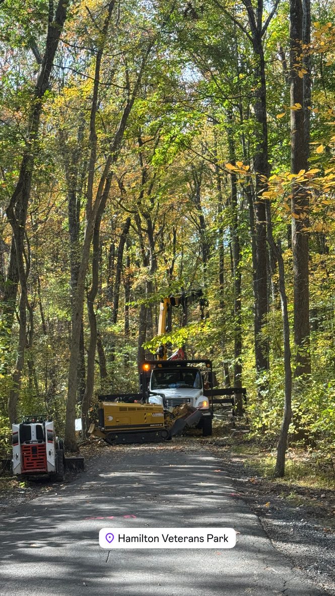 Bandit brush chipper processing tree debris at Hamilton Veterans Park land clearing, Pro-Stump Tree Service, Hamilton Township NJ